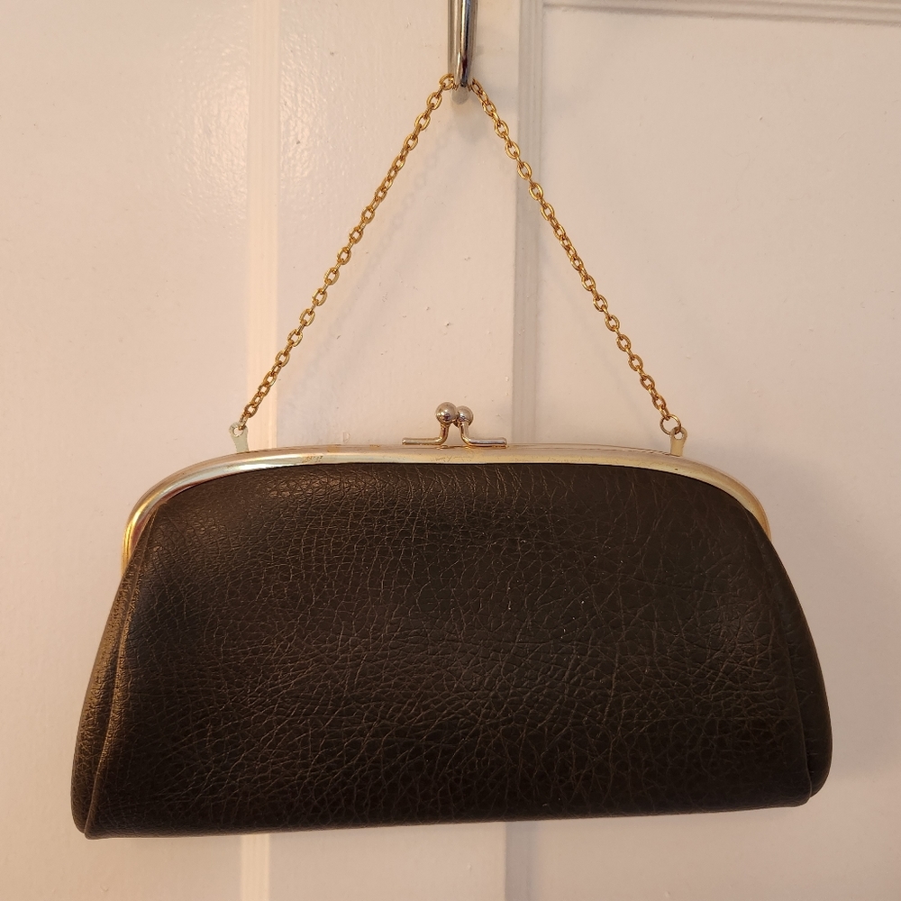 Brown Leather Clutch with Gold Chain